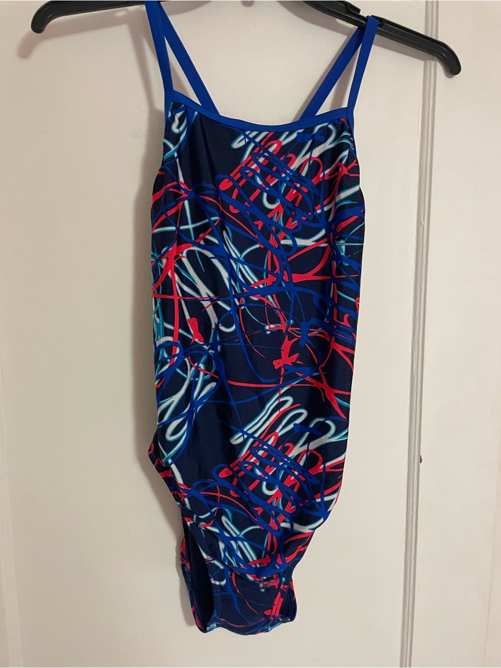 Speedo Women’s Navy One-Piece Swimsuit with Bright Blue and Red Abstract Print